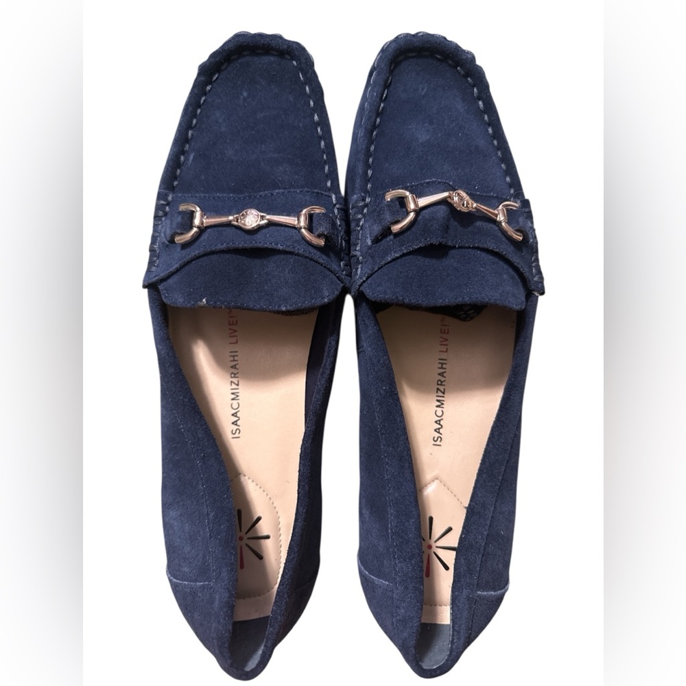 Isaac Mizrahi Navy Suede Loafers with Gold Bit Detail
